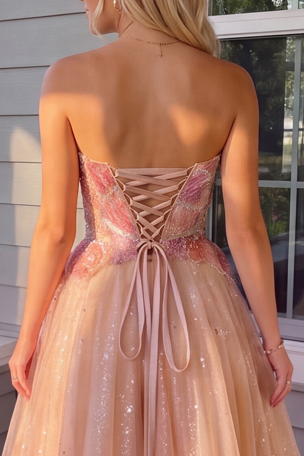 Sparkly Orange Pink A-Line Sweetheart Glitter Long Prom Dress