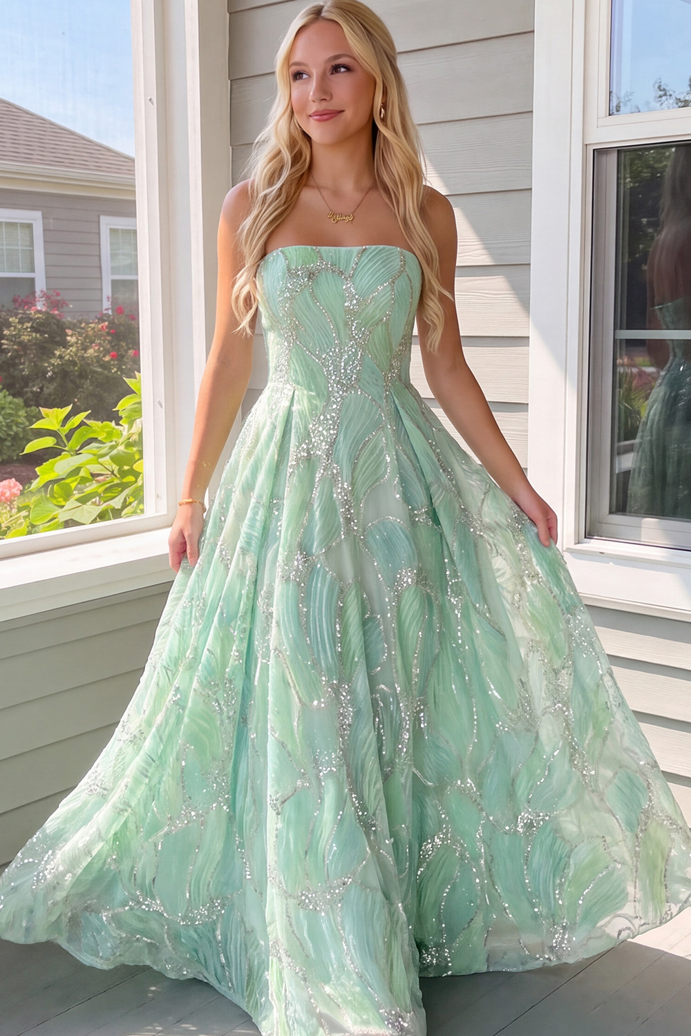 Mint Sparkly A-Line Strapless Sequins Long Prom Dress