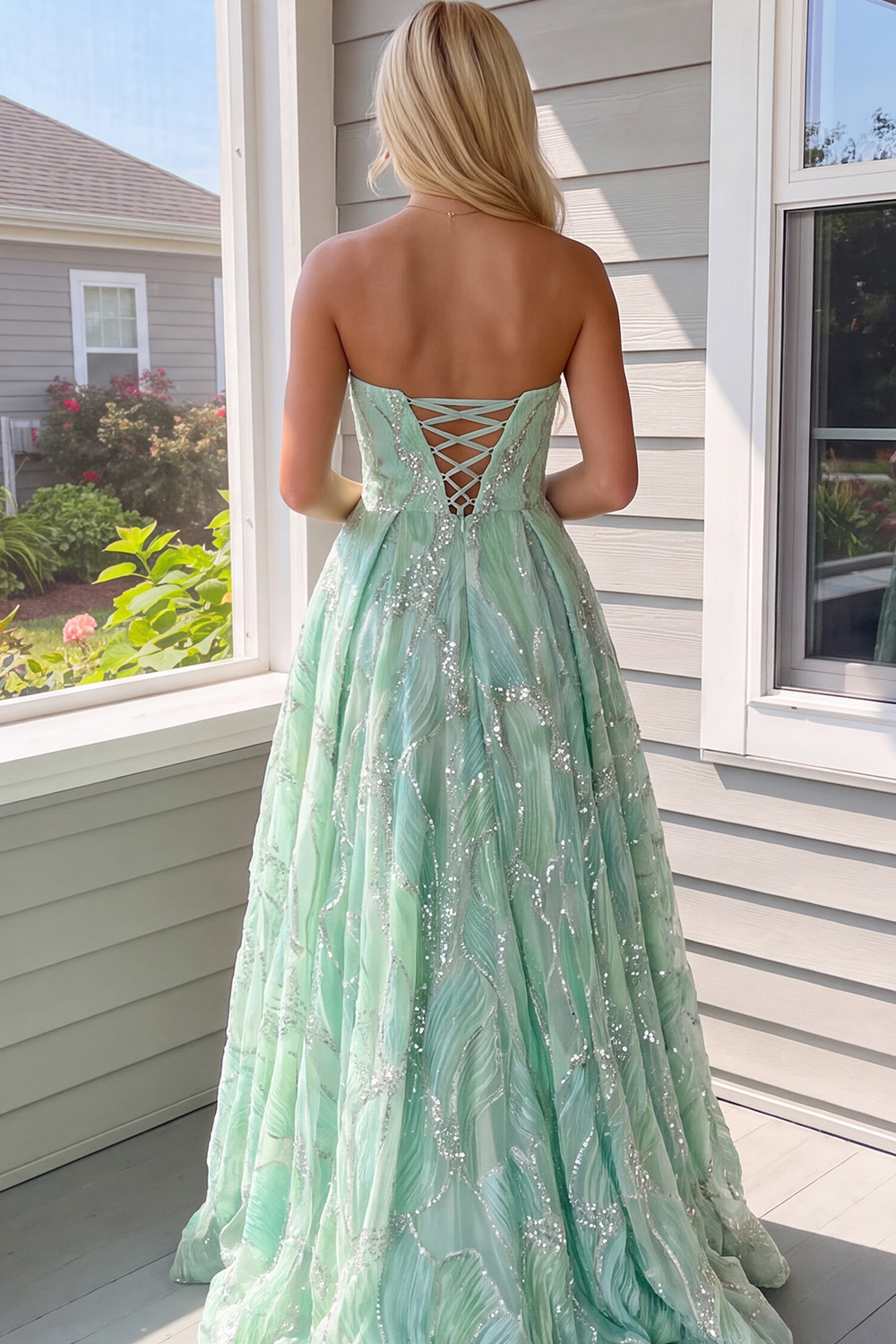 Mint Sparkly A-Line Strapless Sequins Long Prom Dress