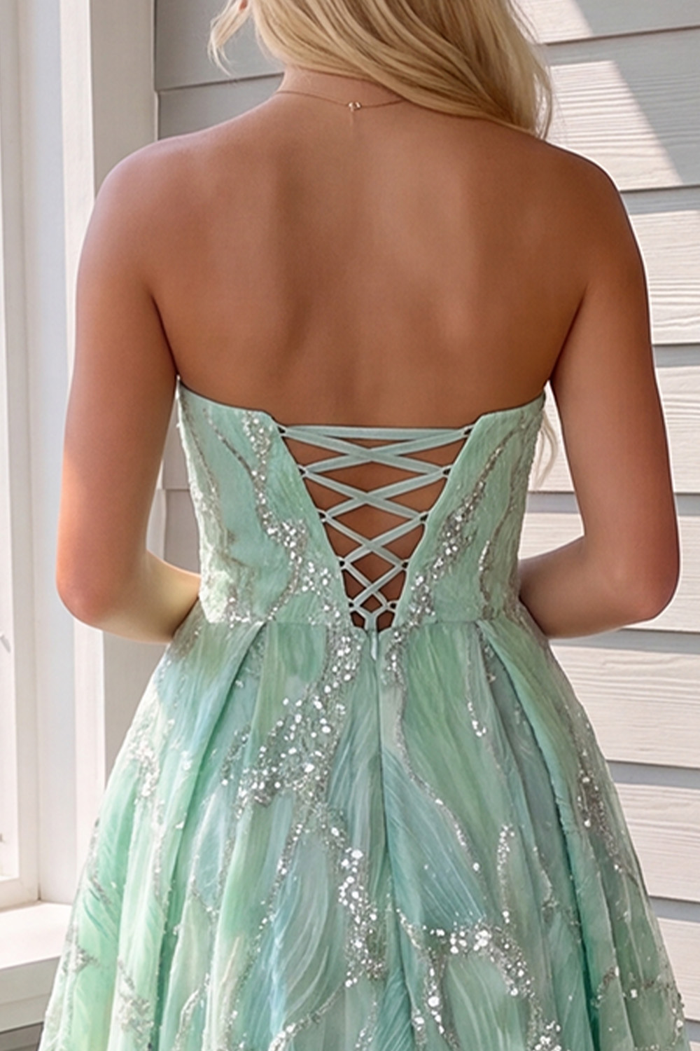 Mint Sparkly A-Line Strapless Sequins Long Prom Dress