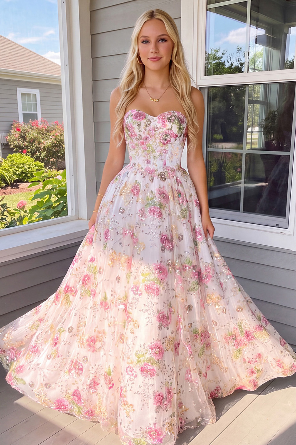 Sparkly Pink A-Line Sweetheart Floral Sequin Long Prom Dress