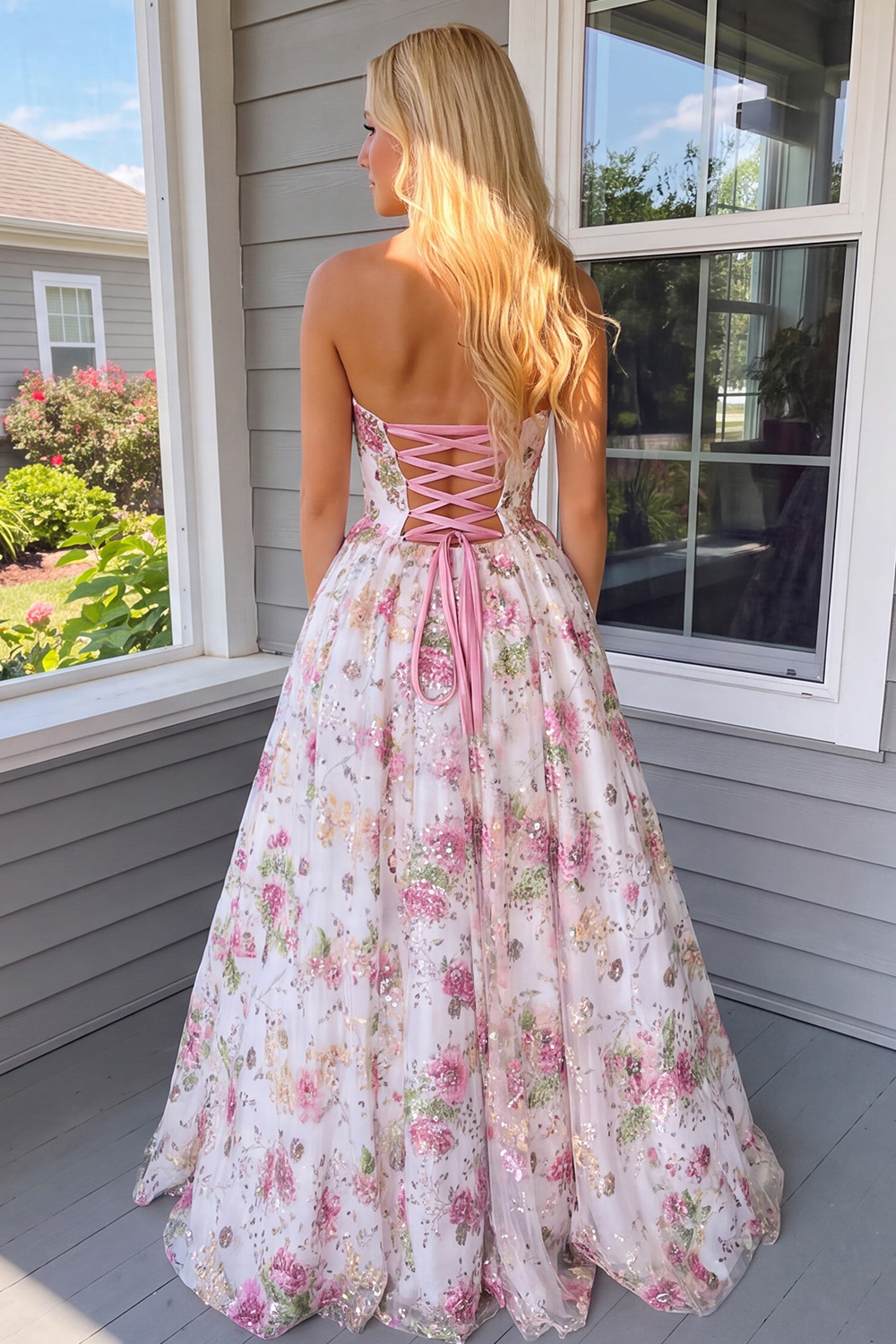 Sparkly Pink A-Line Sweetheart Floral Sequin Long Prom Dress