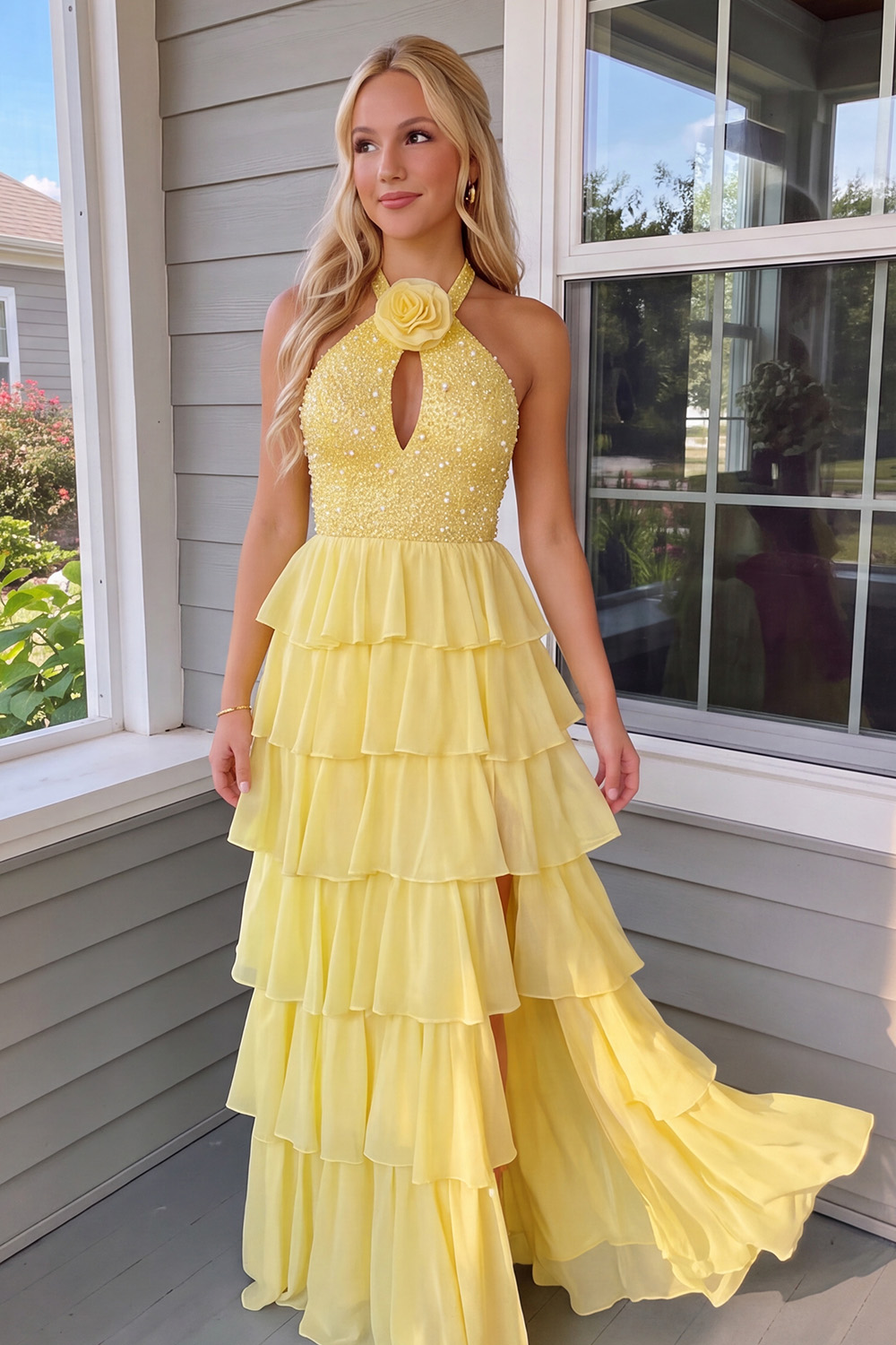 Daffodil A-Line Halter Beaded Tiered Long Prom Dress with 3D Flower