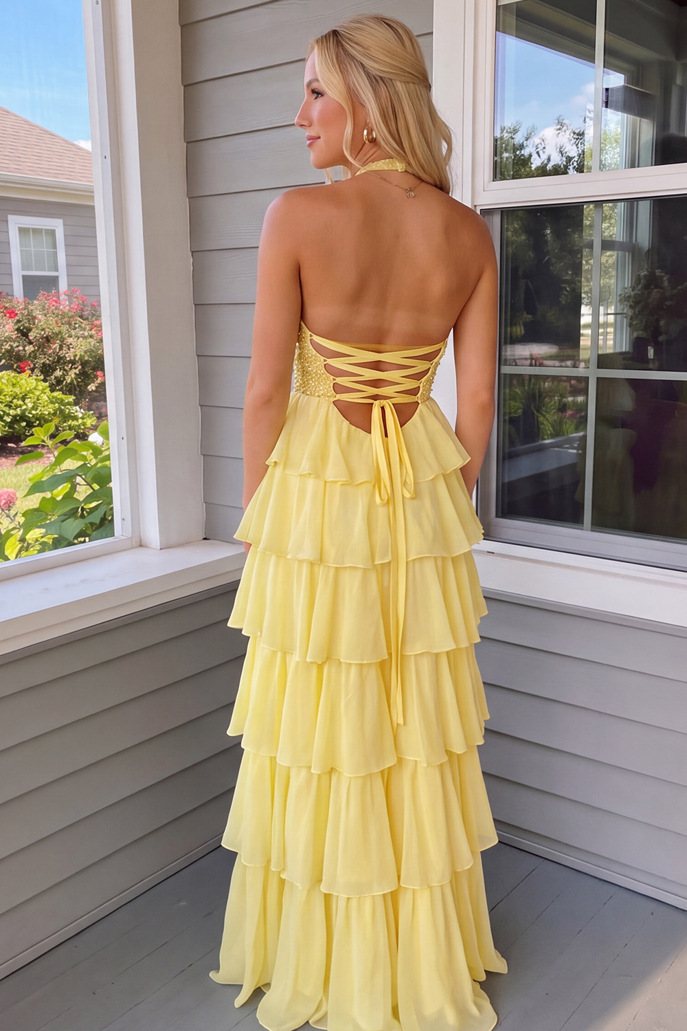 Daffodil A-Line Halter Beaded Tiered Long Prom Dress with 3D Flower