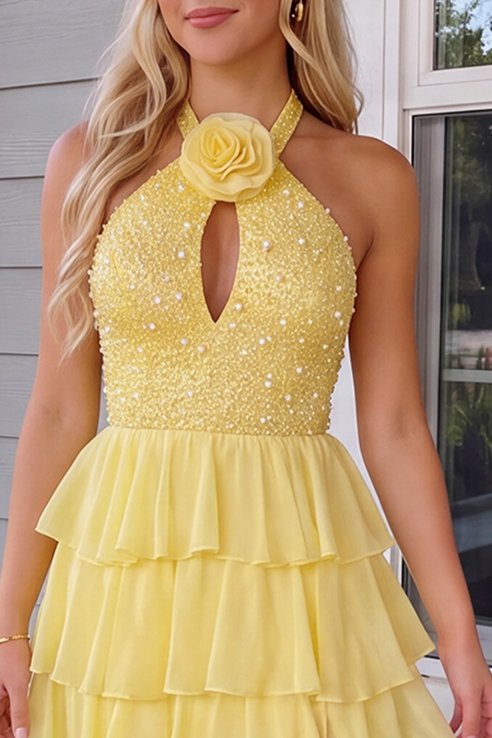 Daffodil A-Line Halter Beaded Tiered Long Prom Dress with 3D Flower