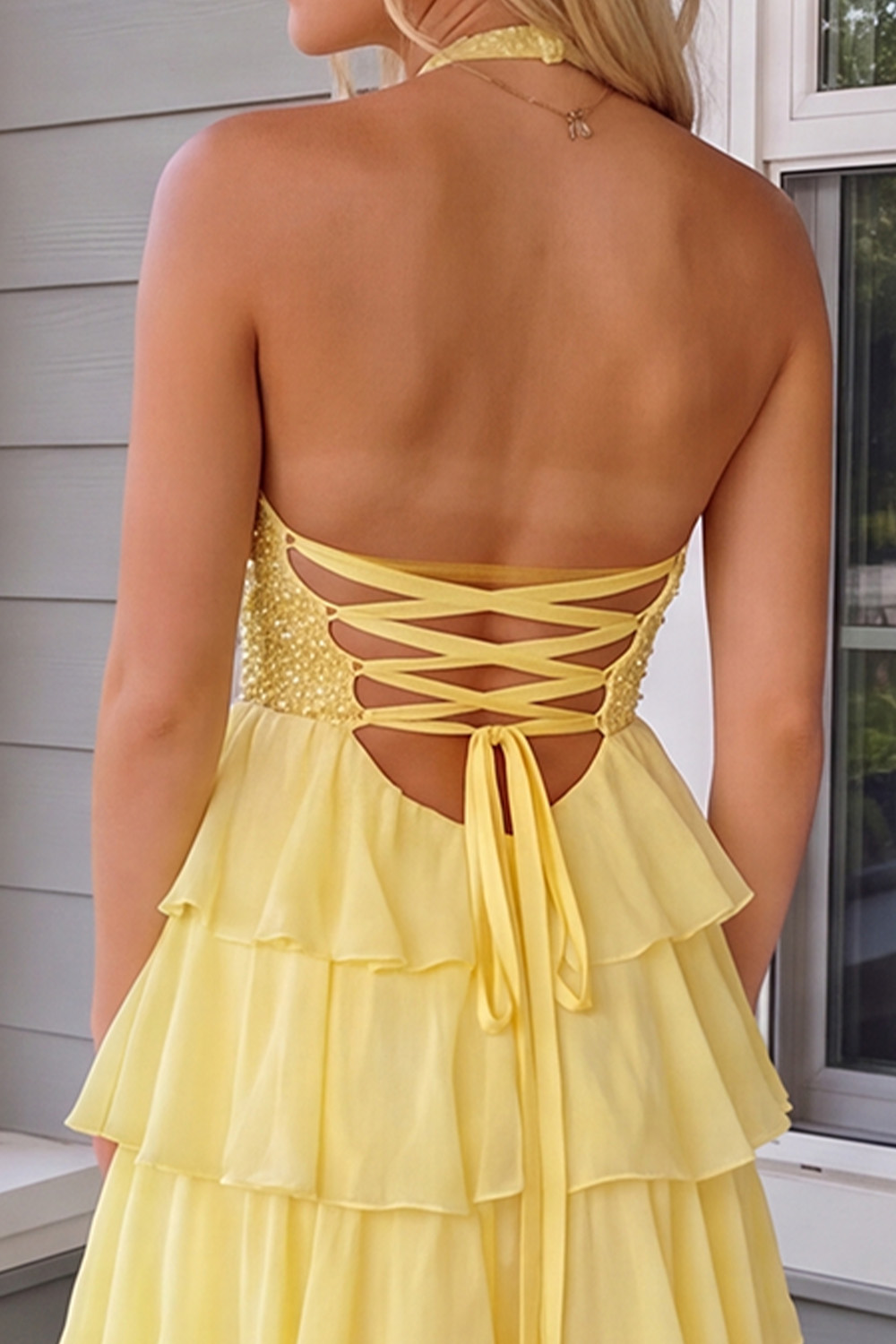 Daffodil A-Line Halter Beaded Tiered Long Prom Dress with 3D Flower
