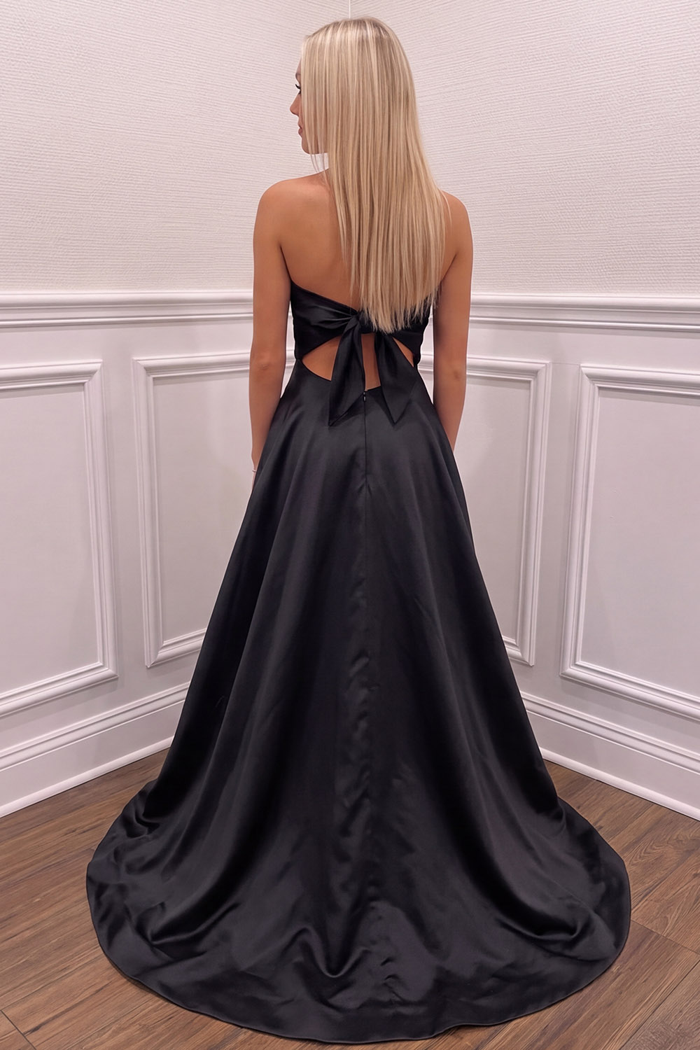 Black Strapless A Line Prom Dress with Bow