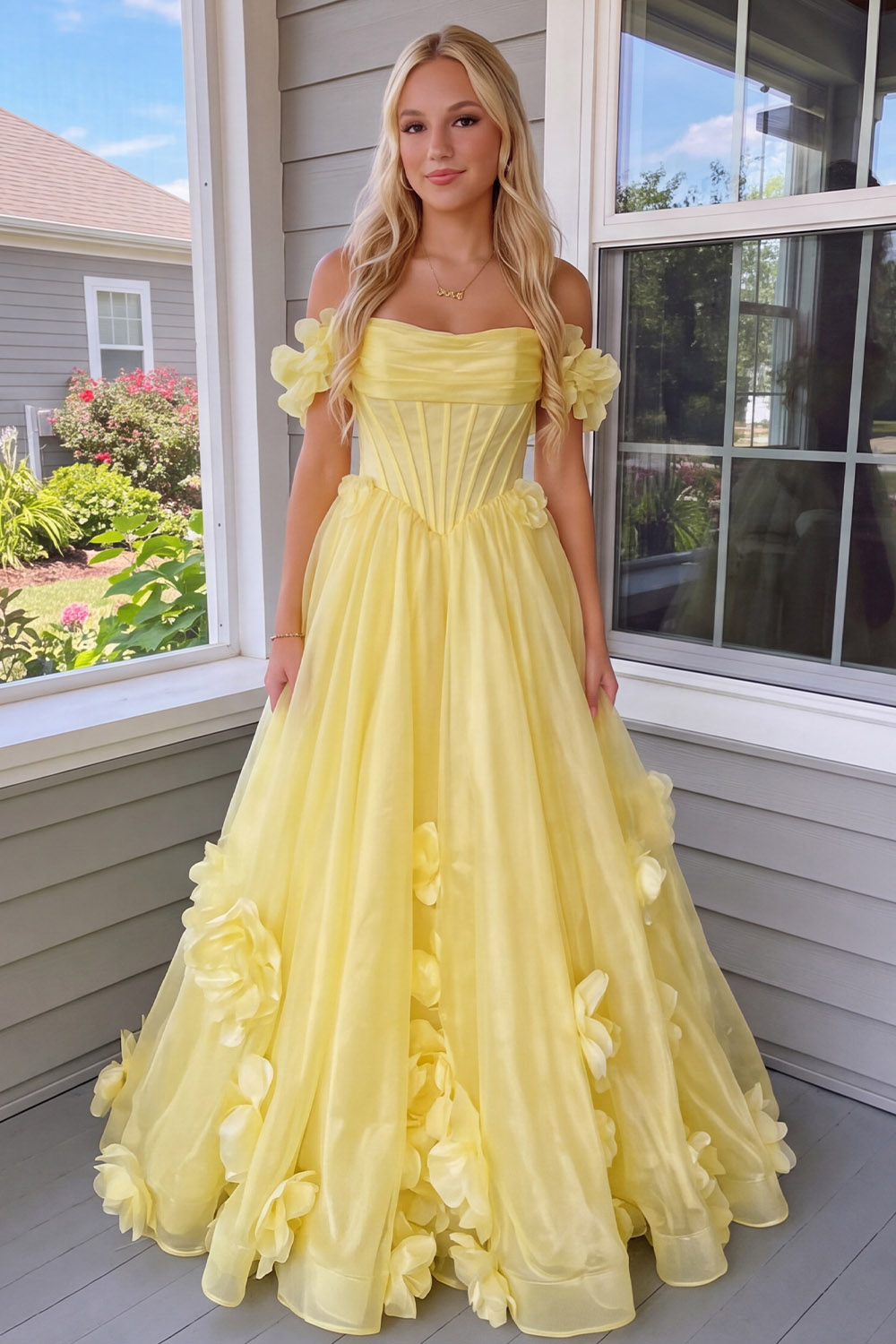 Yellow Floral Corset A Line Long Prom Dress