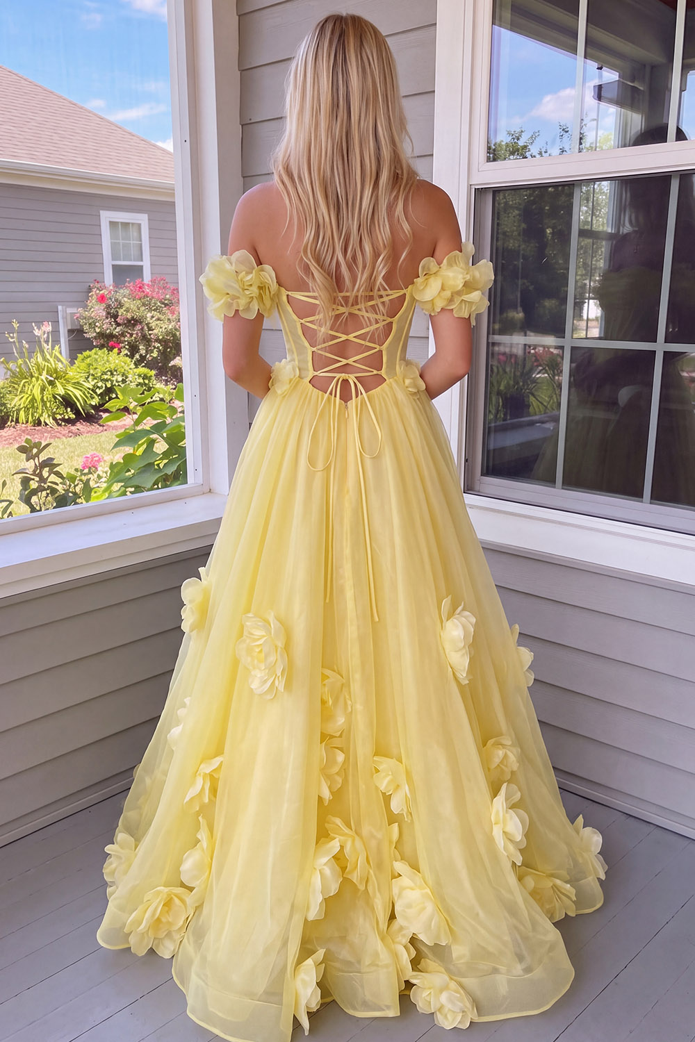 Yellow Floral Corset A Line Long Prom Dress
