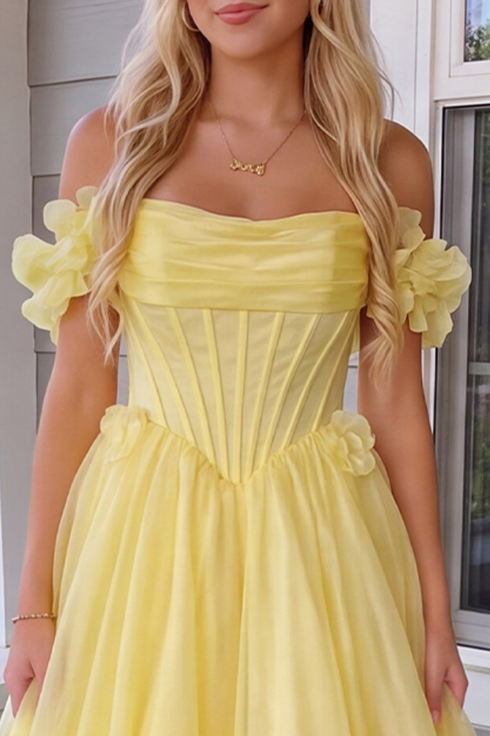 Yellow Floral Corset A Line Long Prom Dress