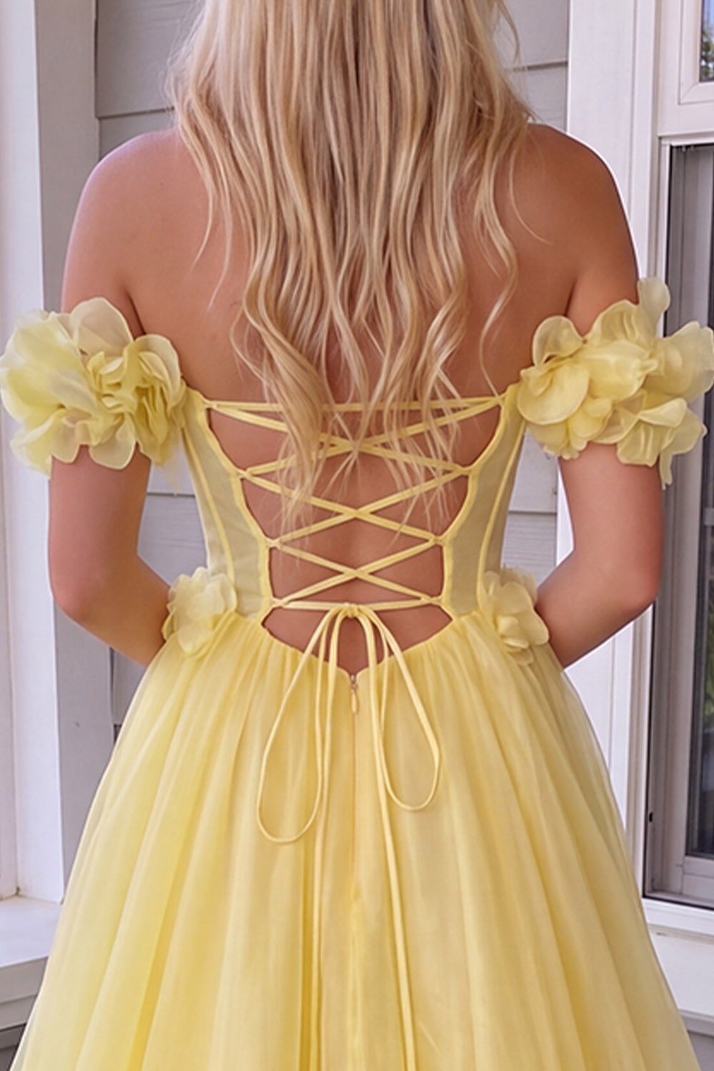 Yellow Floral Corset A Line Long Prom Dress