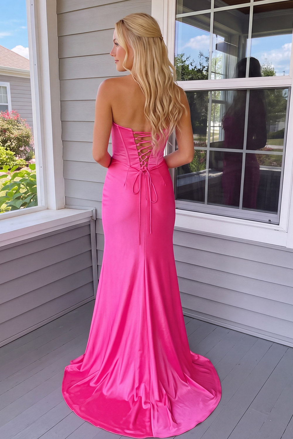 Fuchsia Sweetheart Corset Slit Long Dress