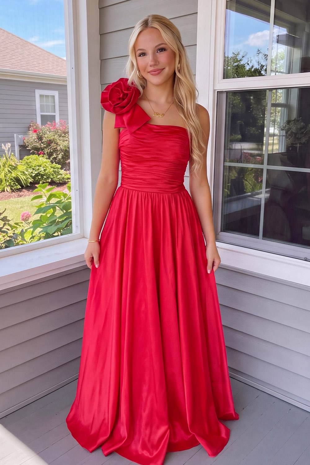 Red One Shoulder Floral Ruched Long Prom Dress