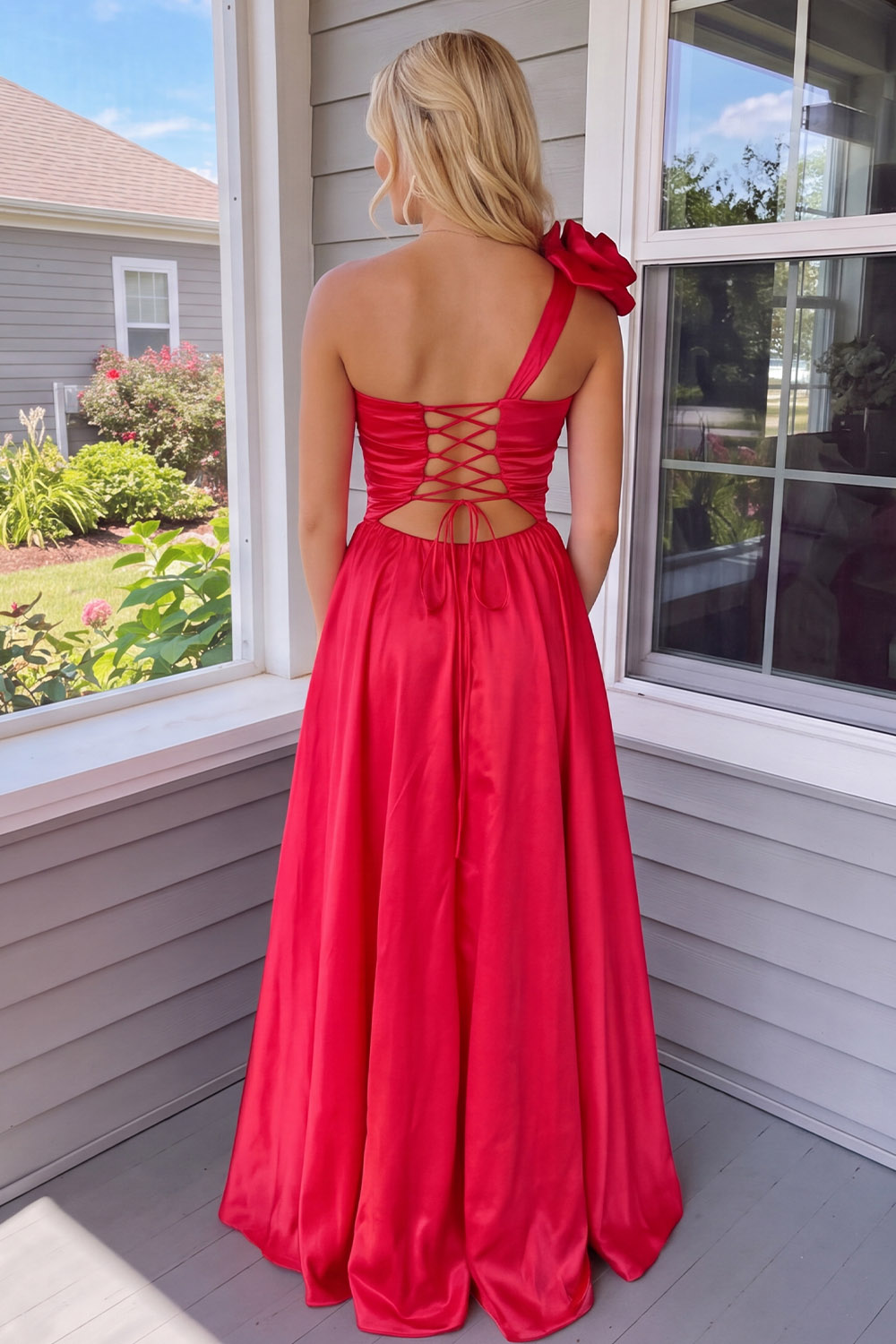 Red One Shoulder Floral Ruched Long Prom Dress