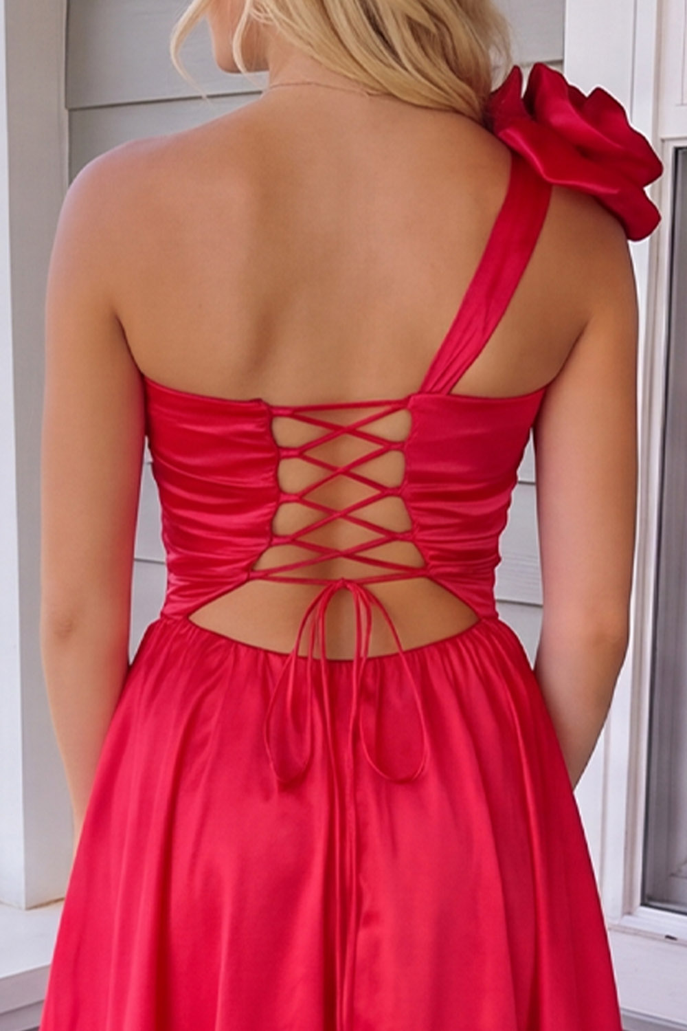 Red One Shoulder Floral Ruched Long Prom Dress