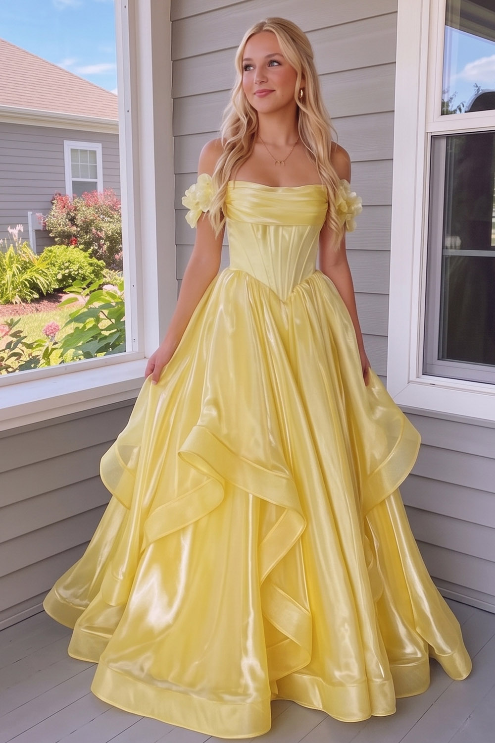Corset Yellow A Line Long Prom Dress