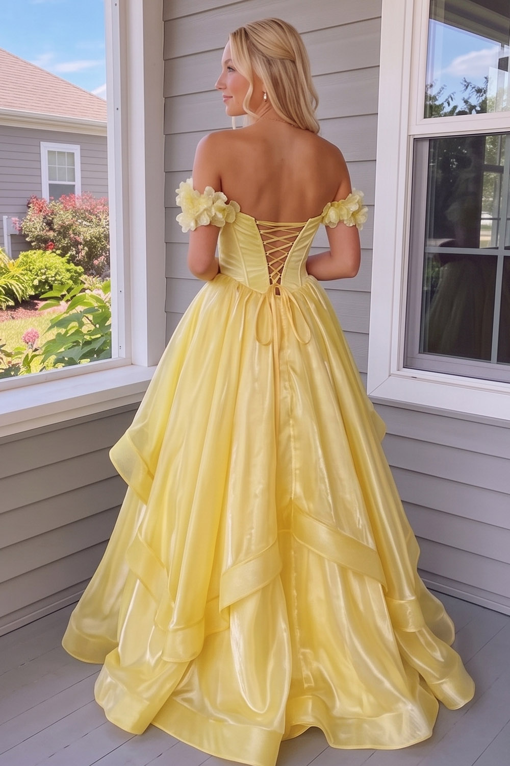 Corset Yellow A Line Long Prom Dress