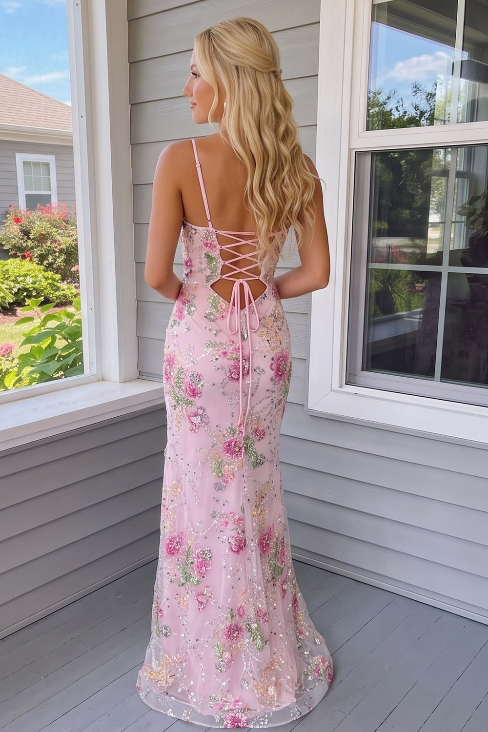Pink Floral Sparkly Sequin Slit Long Prom Dress