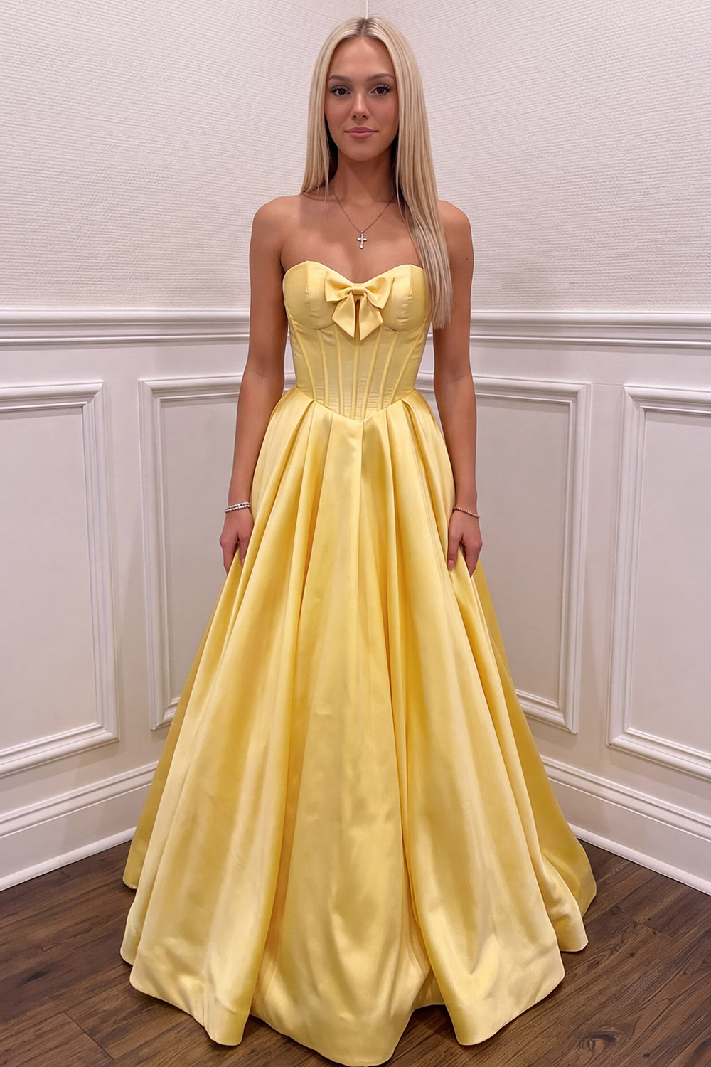 Corset Yellow Sweetheart Long Dress With Bow