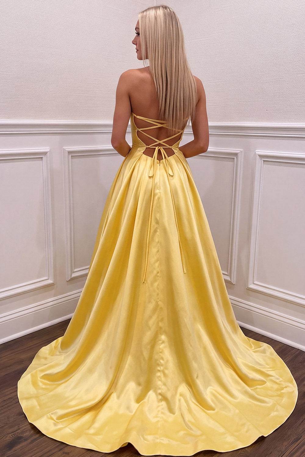Corset Yellow Sweetheart Long Dress With Bow