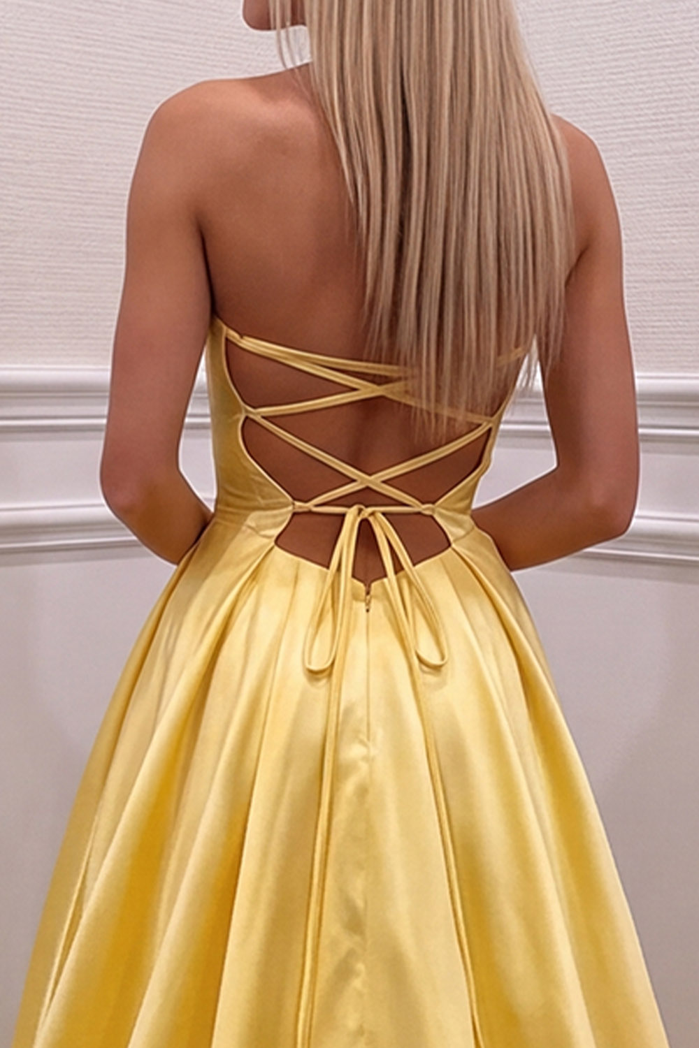 Corset Yellow Sweetheart Long Dress With Bow
