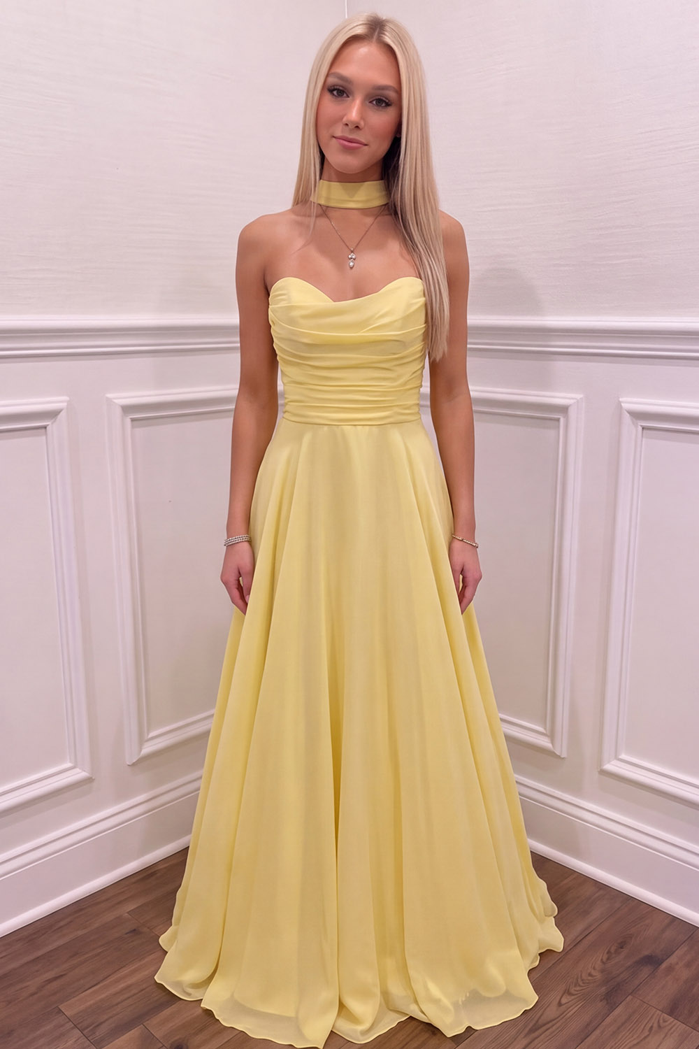 Halter Daffodil Ruched A Line Long Prom Dress