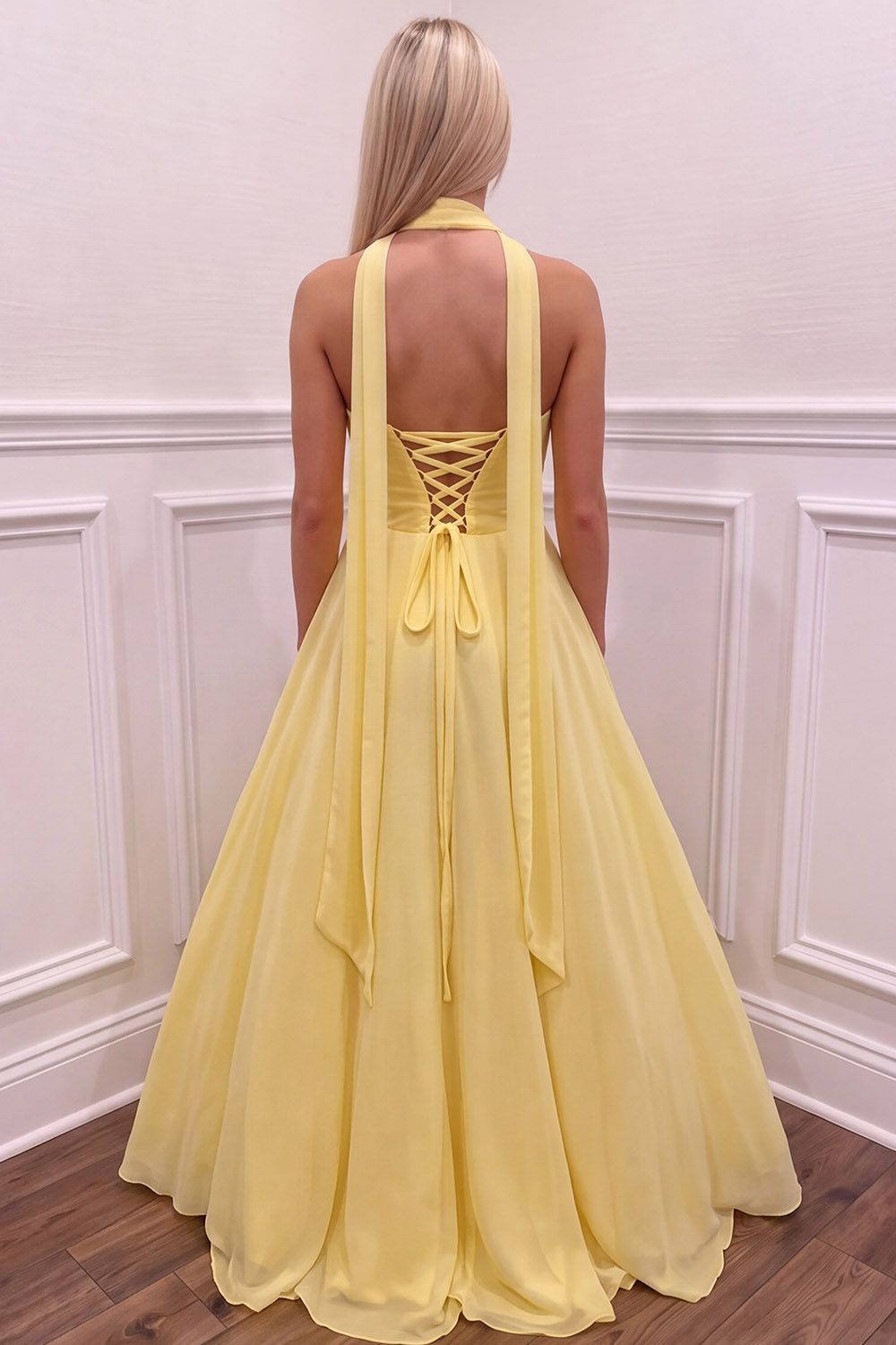Halter Daffodil Ruched A Line Long Prom Dress