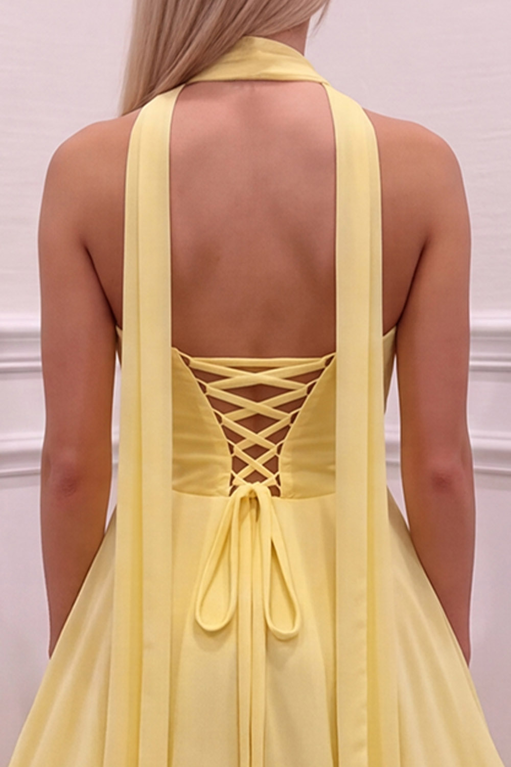 Halter Daffodil Ruched A Line Long Prom Dress