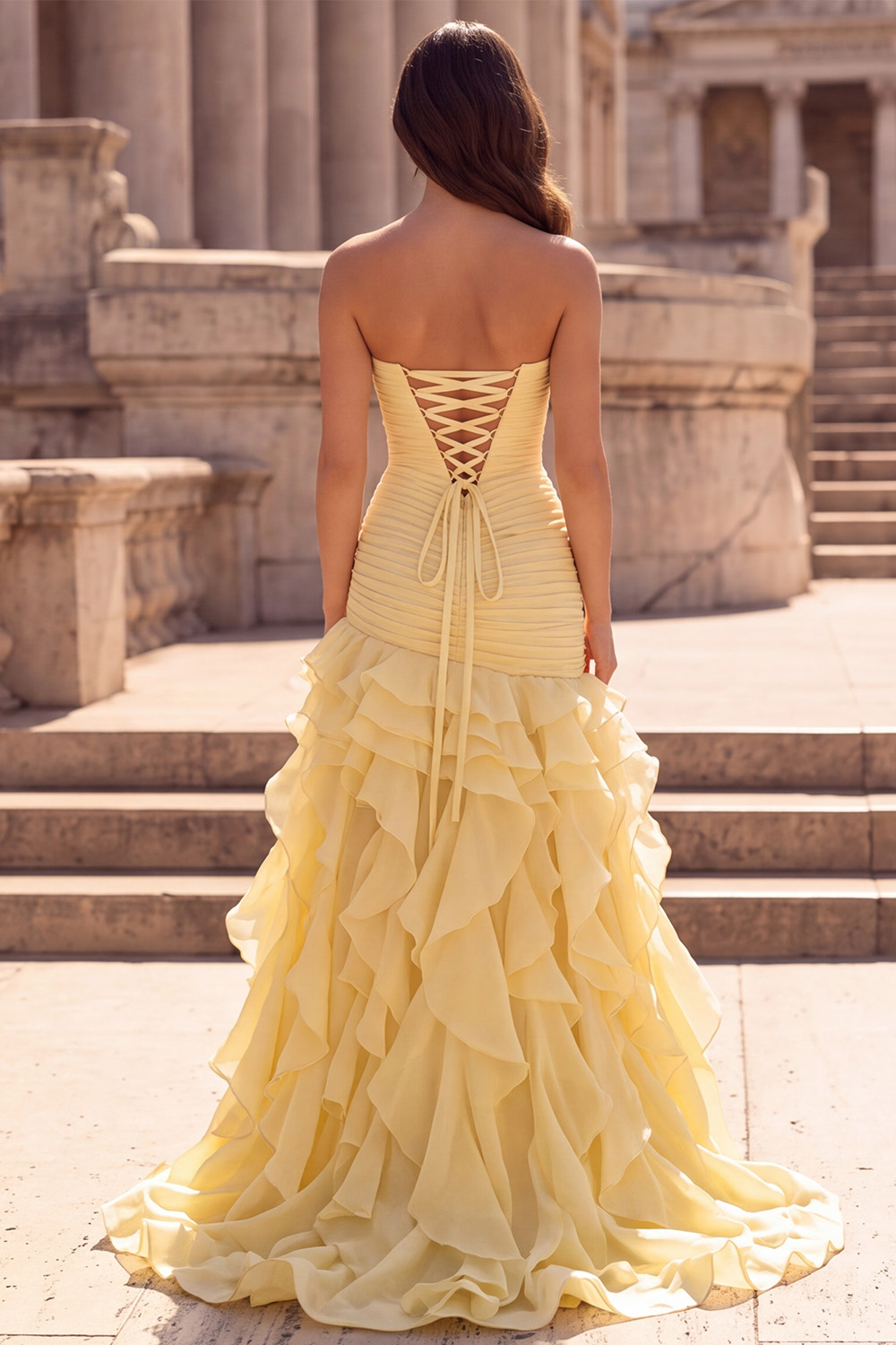 Yellow Strapless Ruffled High-Low Prom Dress with Flowers
