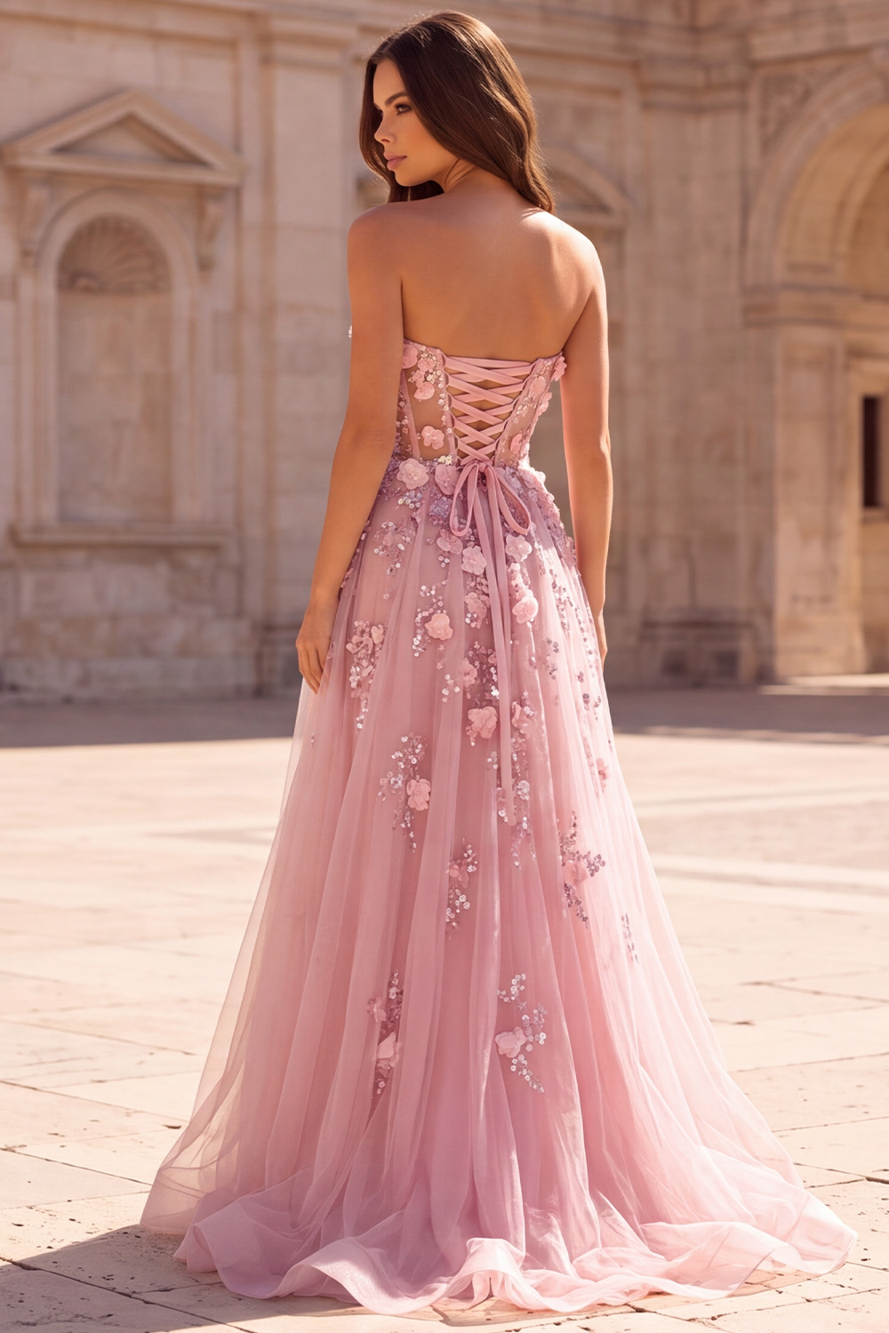 Pink Sparkly Sequin Sweetheart Floral Long Prom Dress with Slit