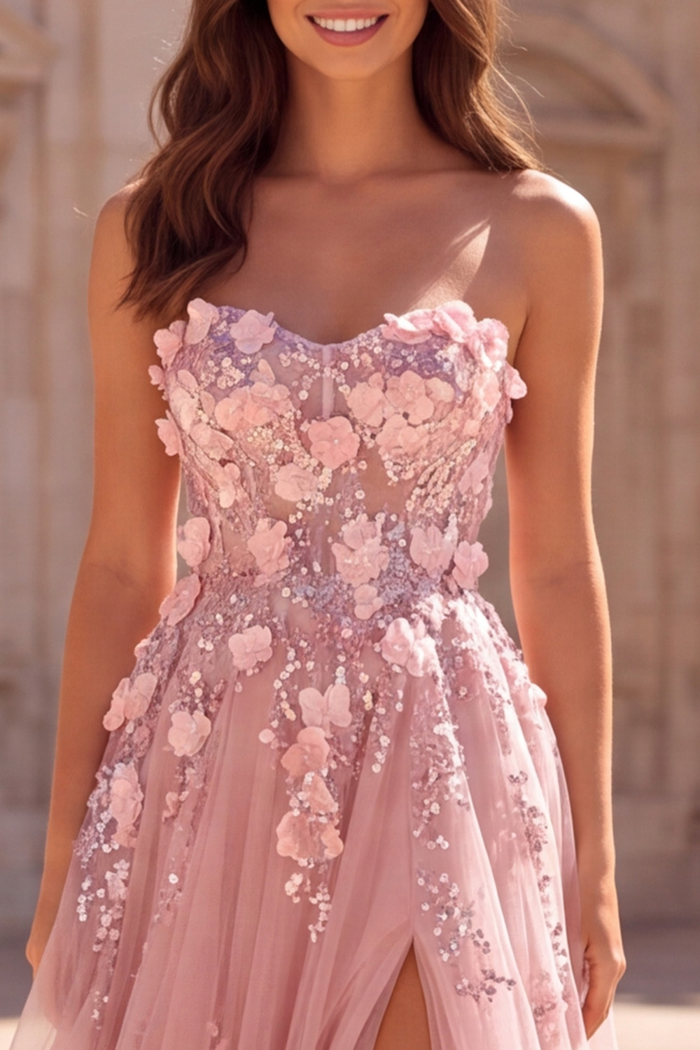 Pink Sparkly Sequin Sweetheart Floral Long Prom Dress with Slit