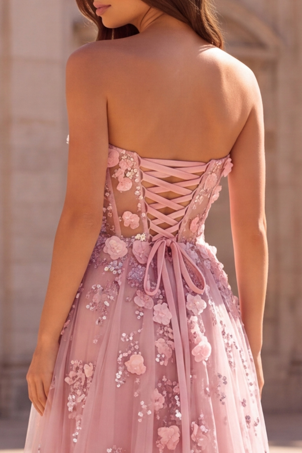 Pink Sparkly Sequin Sweetheart Floral Long Prom Dress with Slit