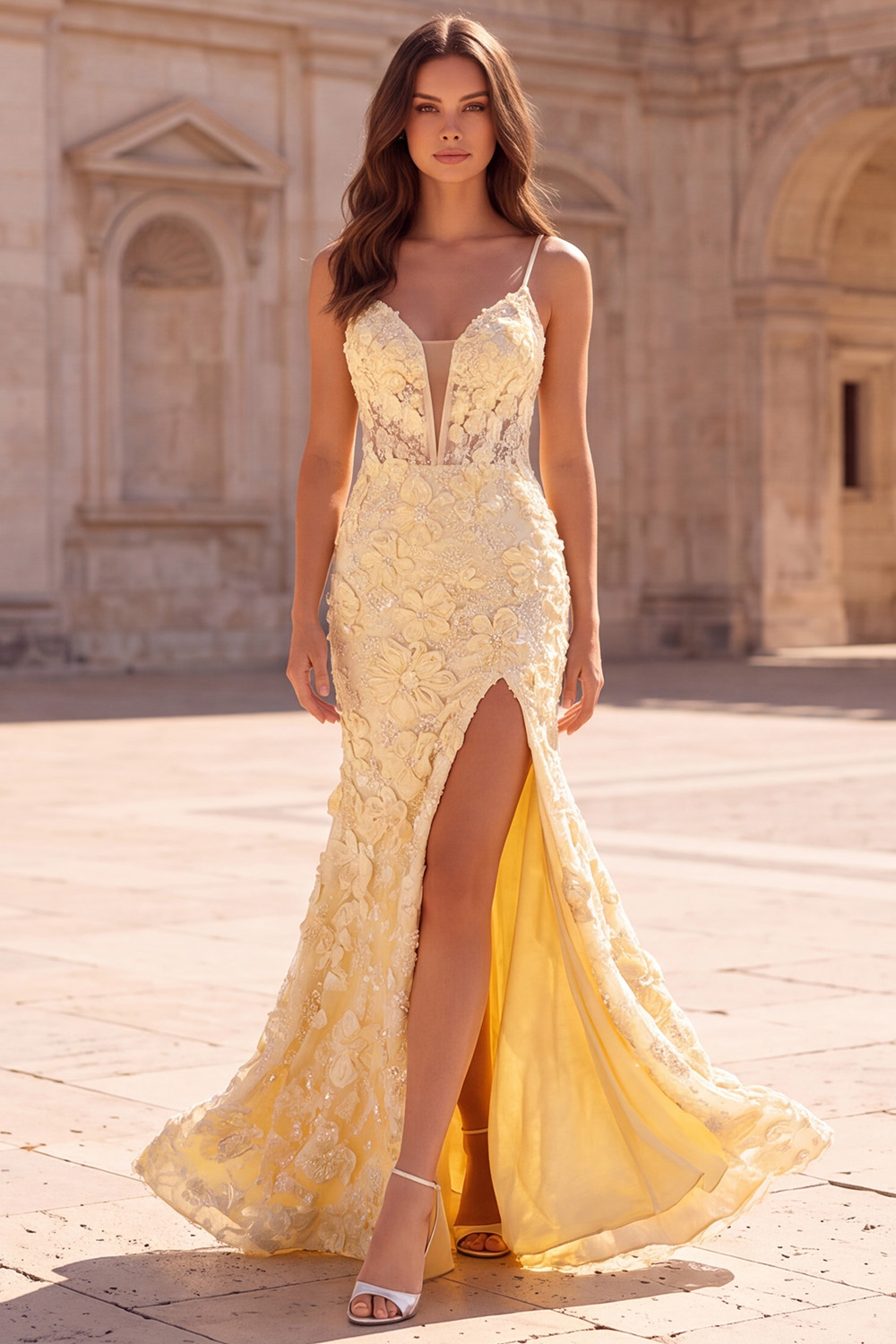 Yellow Mermaid Spaghetti Straps Floral Long Prom Dress with Slit