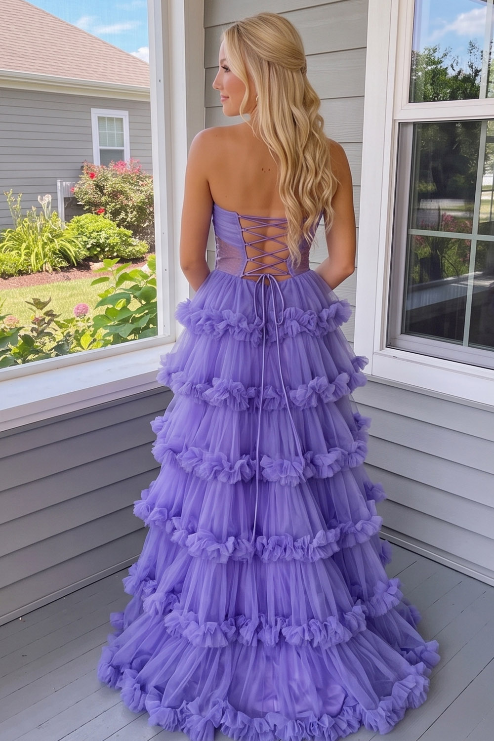 A Line Light Purple Sweetheart Ruffled Long Prom Dress with Slit