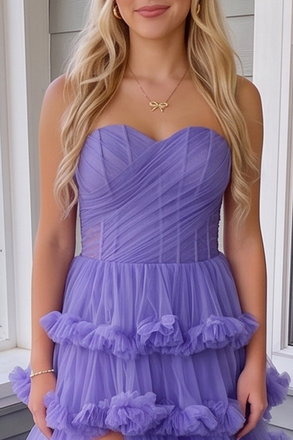 A Line Light Purple Sweetheart Ruffled Long Prom Dress with Slit