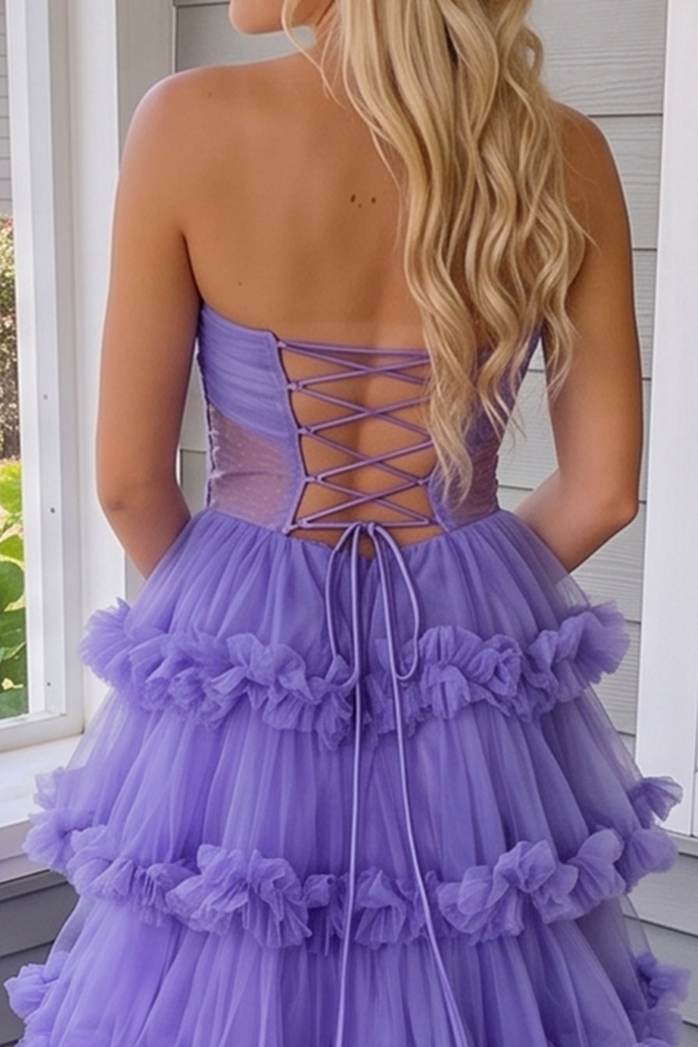 A Line Light Purple Sweetheart Ruffled Long Prom Dress with Slit