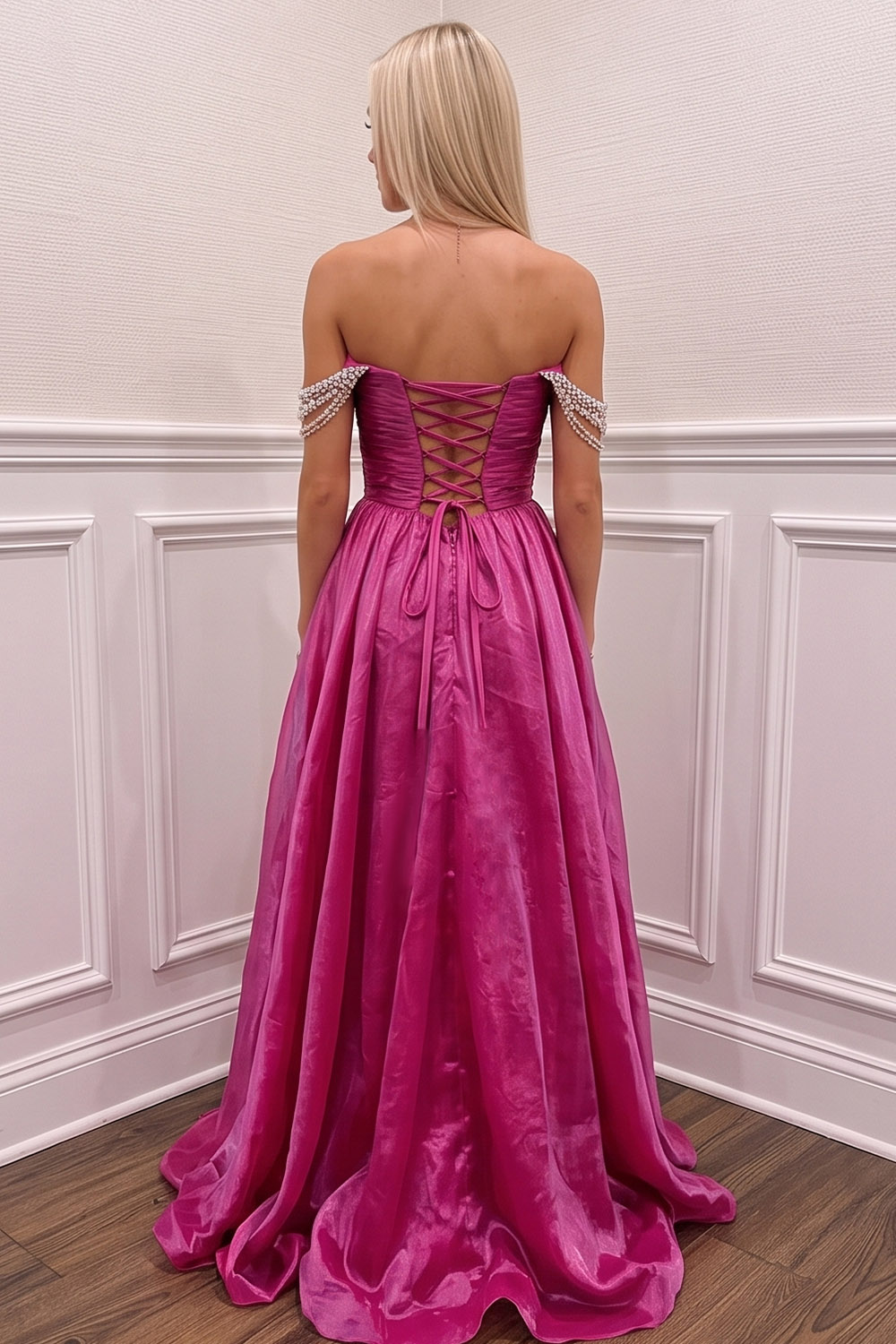 Off the Shoulder Fuchsia A Line Long Prom Dress with Slit