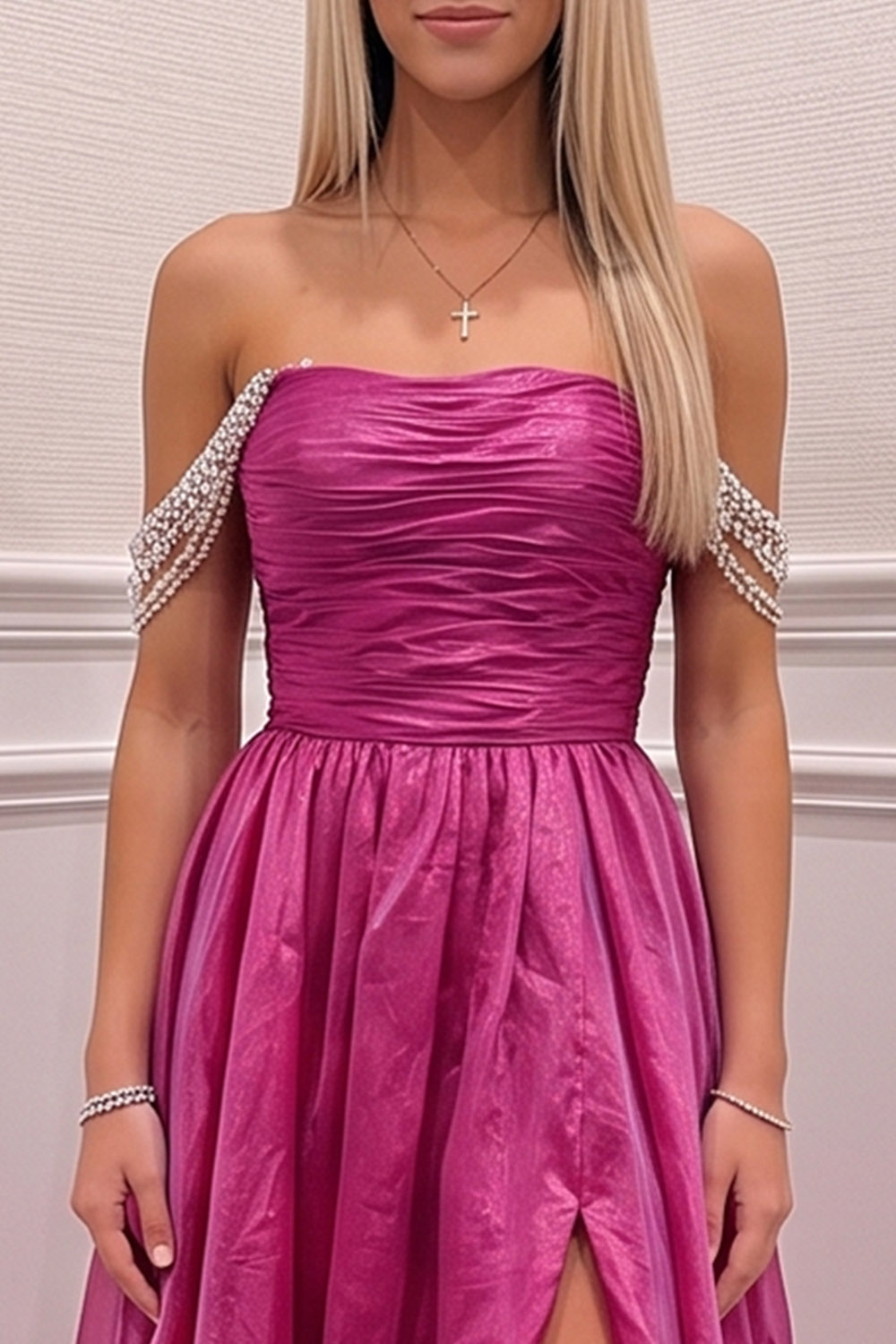 Off the Shoulder Fuchsia A Line Long Prom Dress with Slit