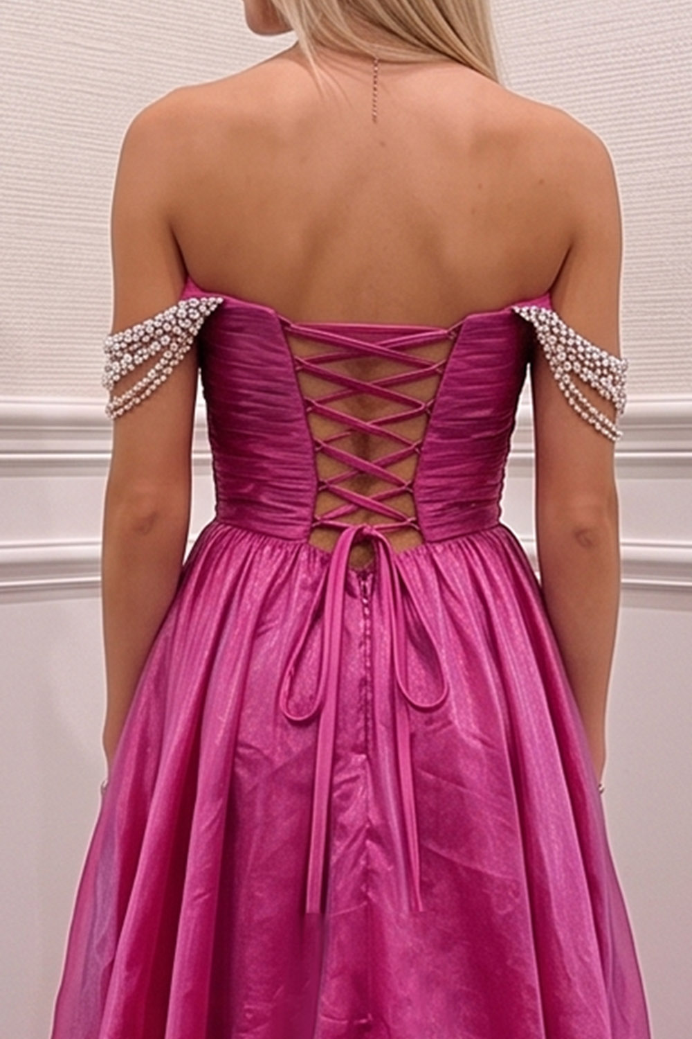 Off the Shoulder Fuchsia A Line Long Prom Dress with Slit