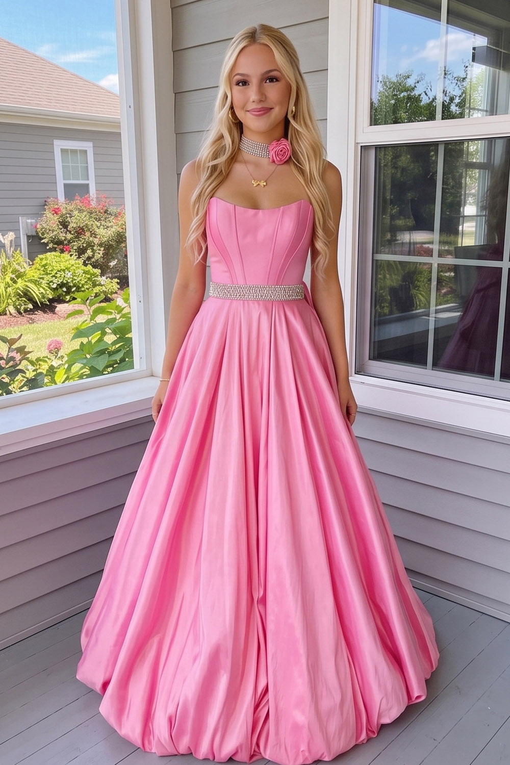 Sweetheart Pink Corset A Line Long Prom Dress with Beaded Belt