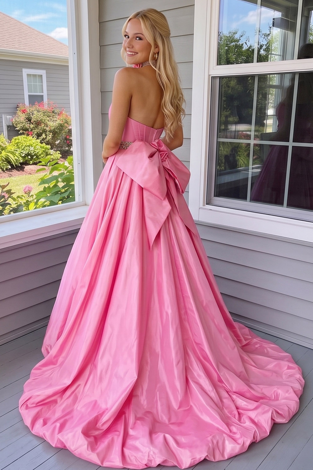 Sweetheart Pink Corset A Line Long Prom Dress with Beaded Belt