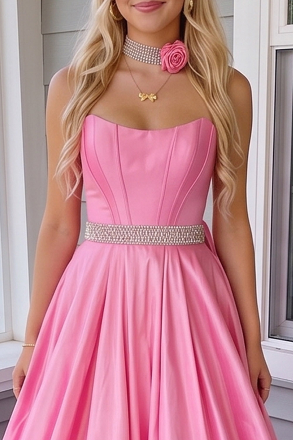 Sweetheart Pink Corset A Line Long Prom Dress with Beaded Belt