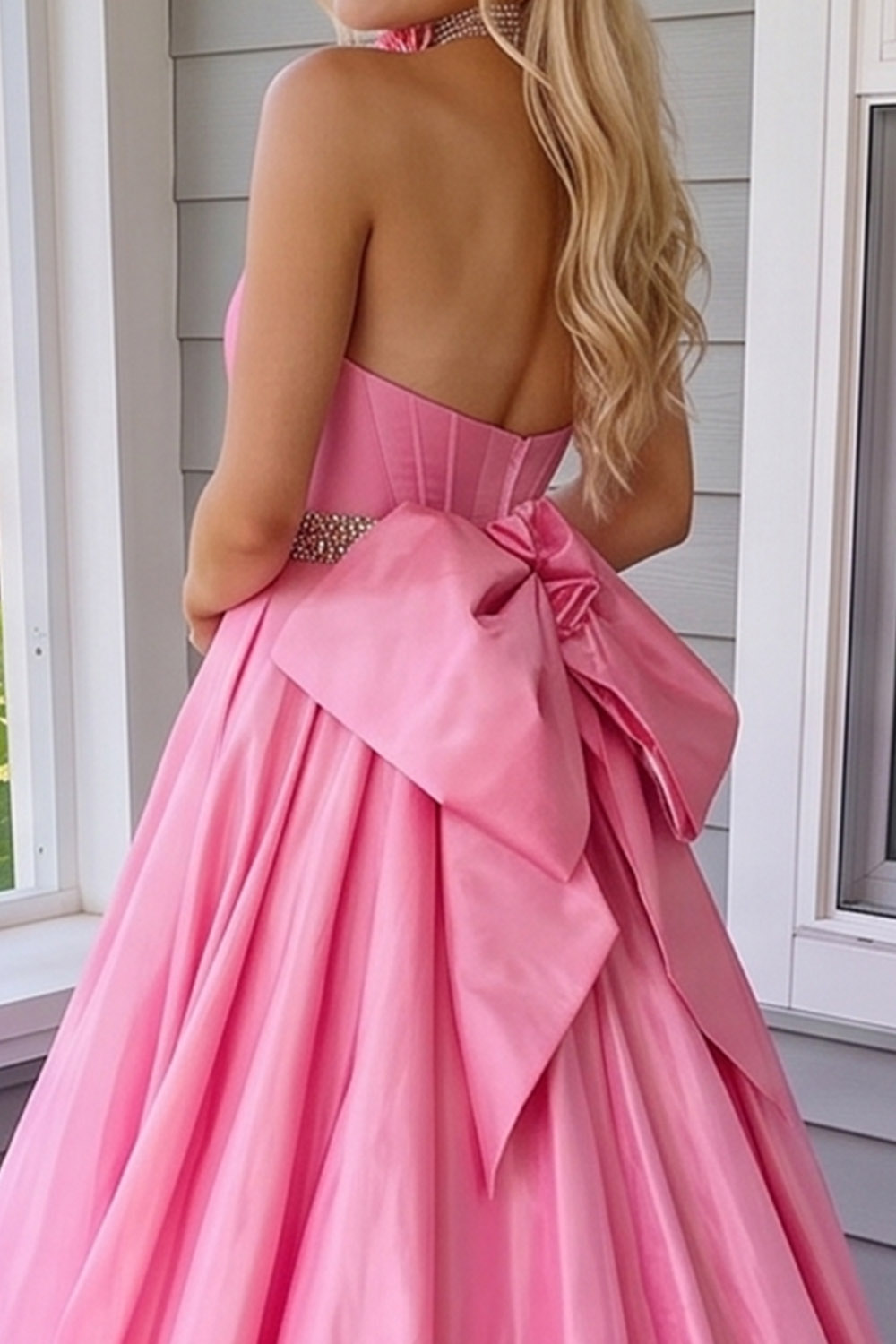 Sweetheart Pink Corset A Line Long Prom Dress with Beaded Belt