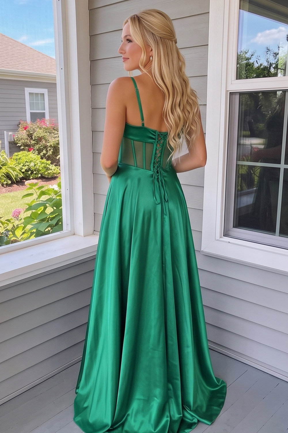 Green Corset Spaghetti Straps Long Prom Dress with 3D Flower