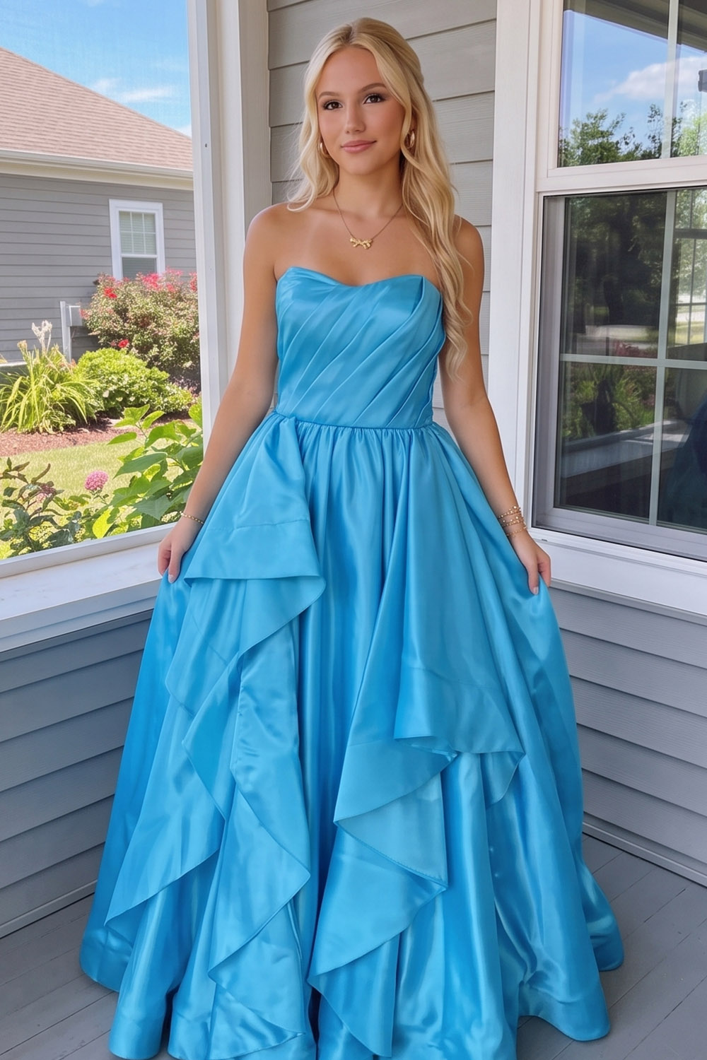  Blue Ruffled Sweetheart Long A Line Prom Dress