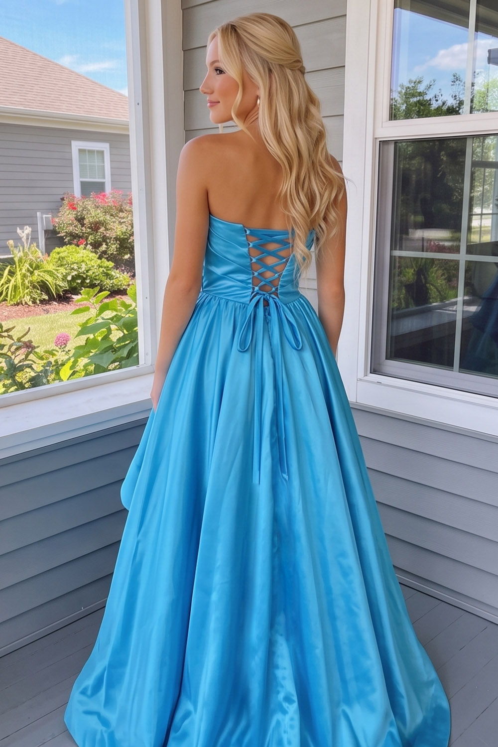  Blue Ruffled Sweetheart Long A Line Prom Dress