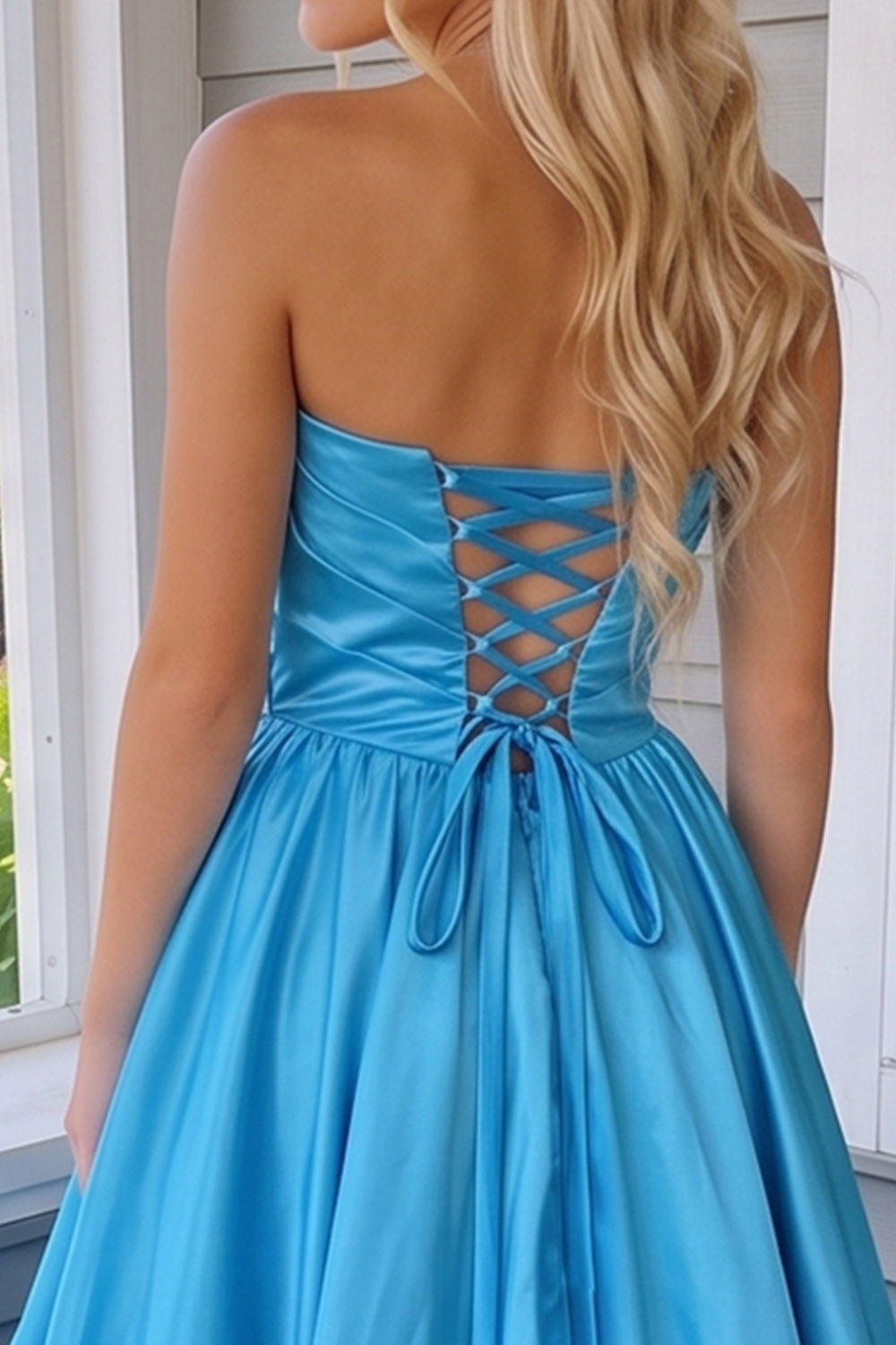  Blue Ruffled Sweetheart Long A Line Prom Dress
