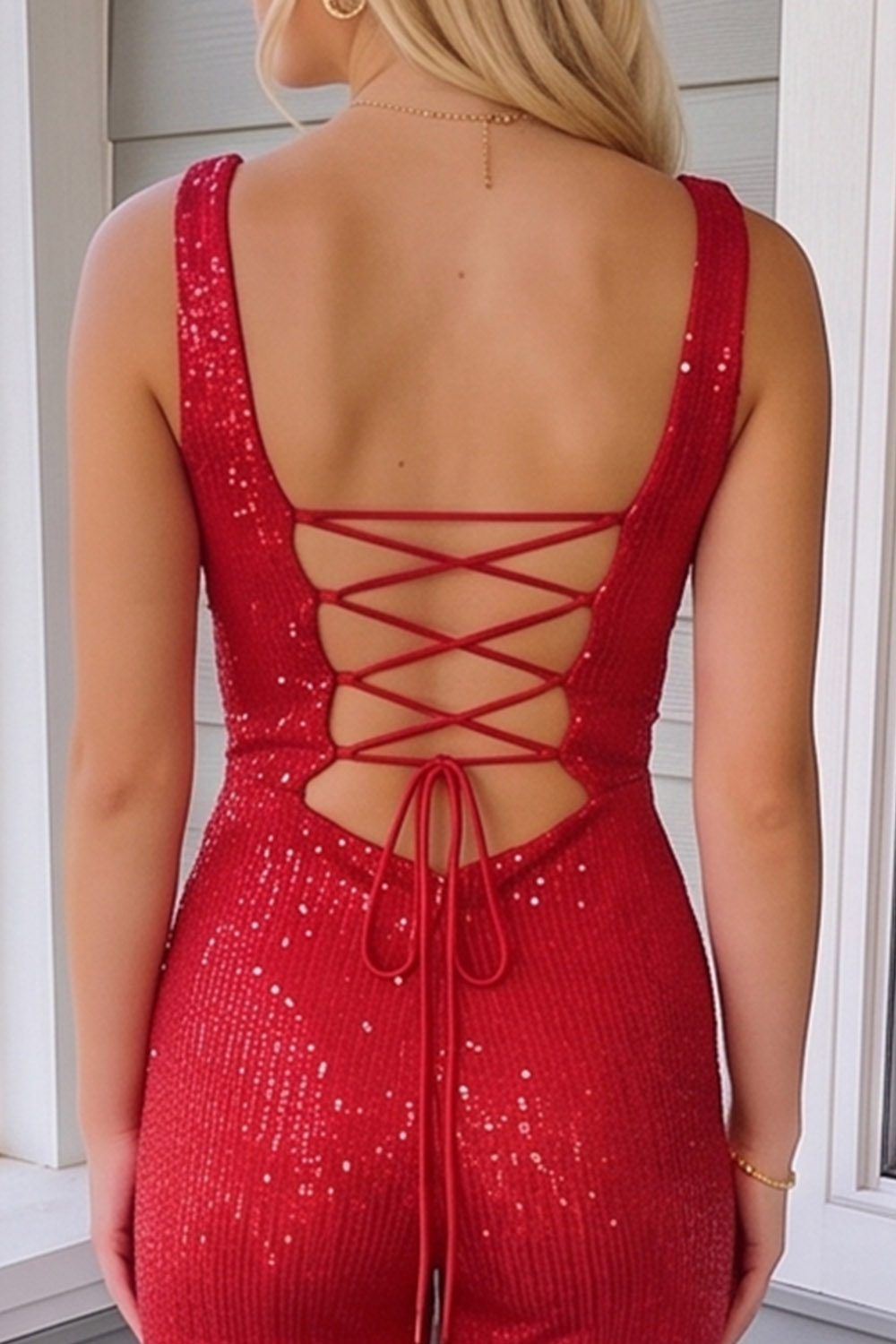 Glitter Red V Neck Thick Straps Lace up Back Long Prom Jumpsuits