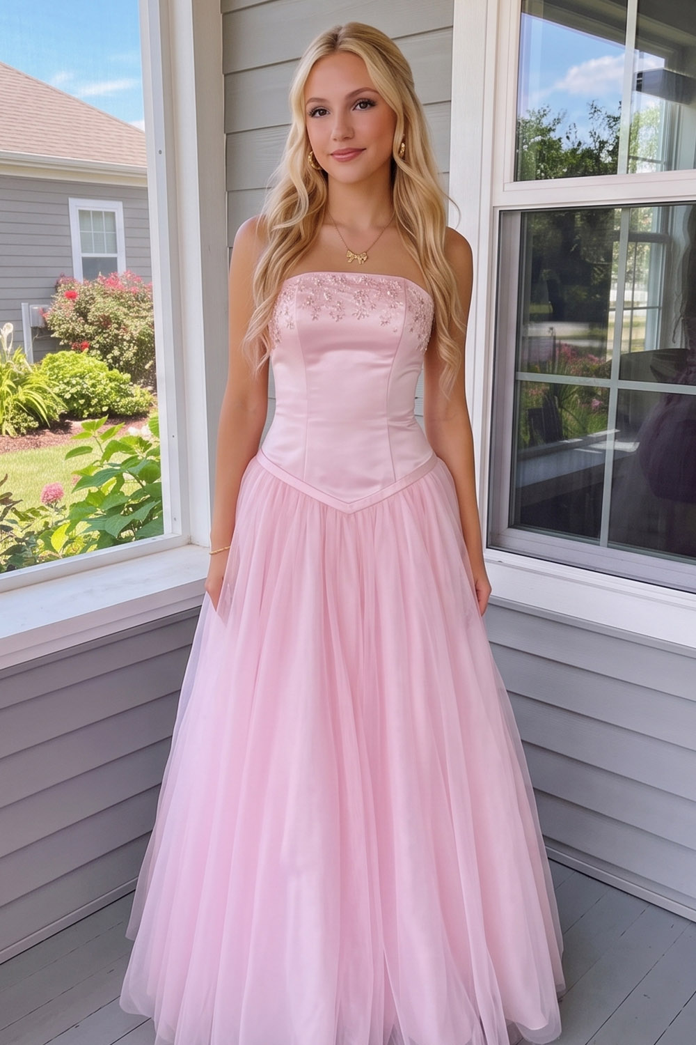 Pink Floral A Line Strapless Lace up Back Long Prom Dress