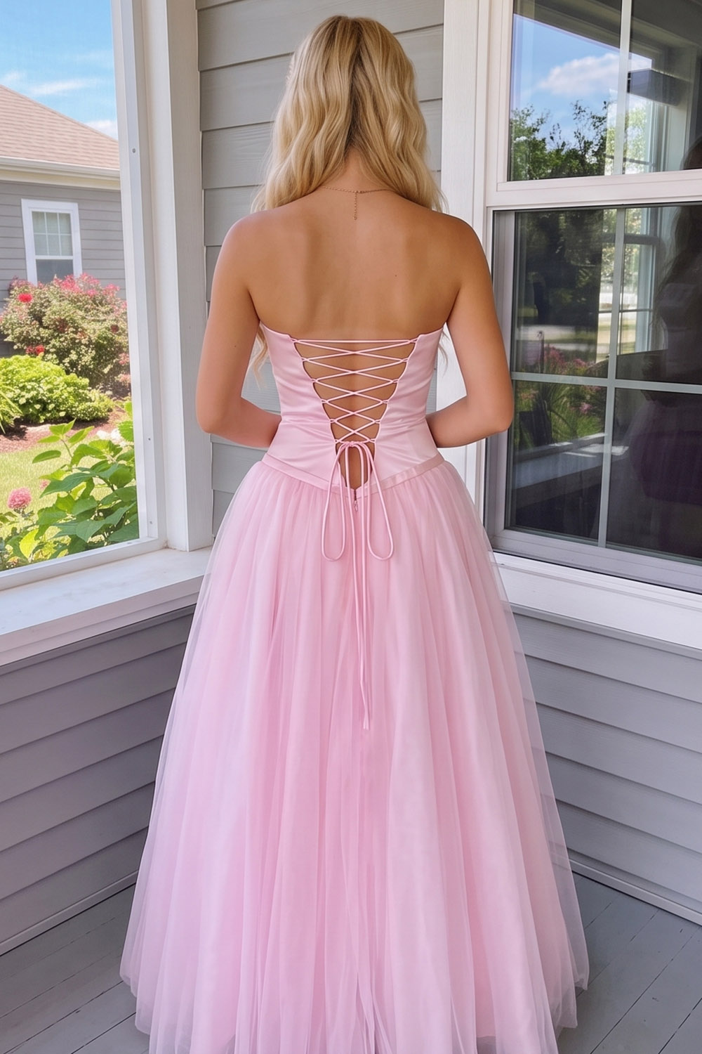 Pink Floral A Line Strapless Lace up Back Long Prom Dress